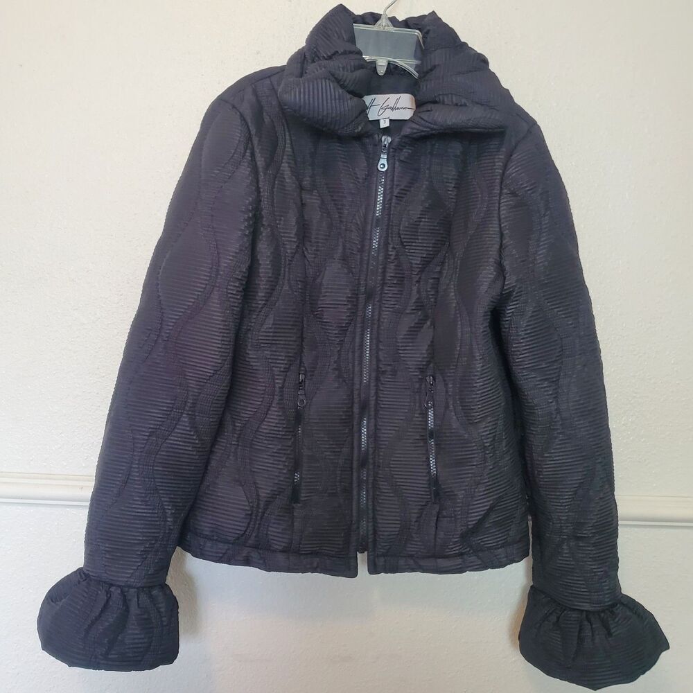 Jeff Gallano Quilted Jacket Blazer Full Zip Black Ruffles Pockets Size 3 Large - Picture 10 of 13